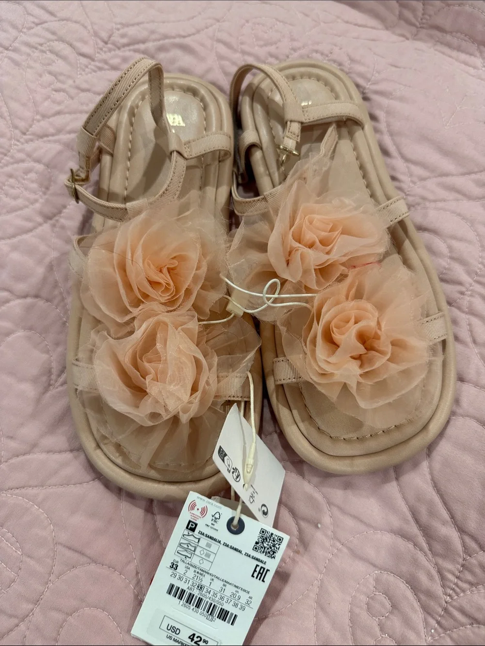 Zara Peach Floral T-Strap Sandals for Kids
